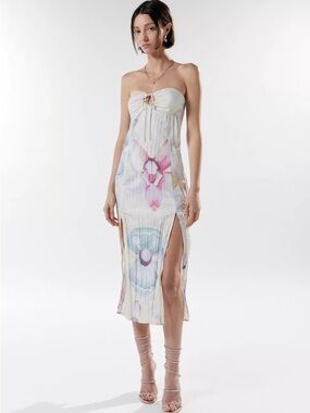 silence + noise Sz L Kai Bandeau Strapless Tropical Midi Slit Dress Smocked Back